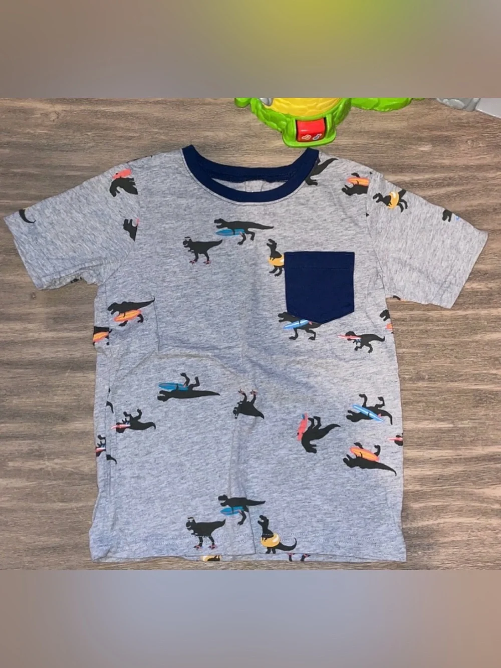 Carter's Gray Tee with Navy Pocket & Surfing Dino Print